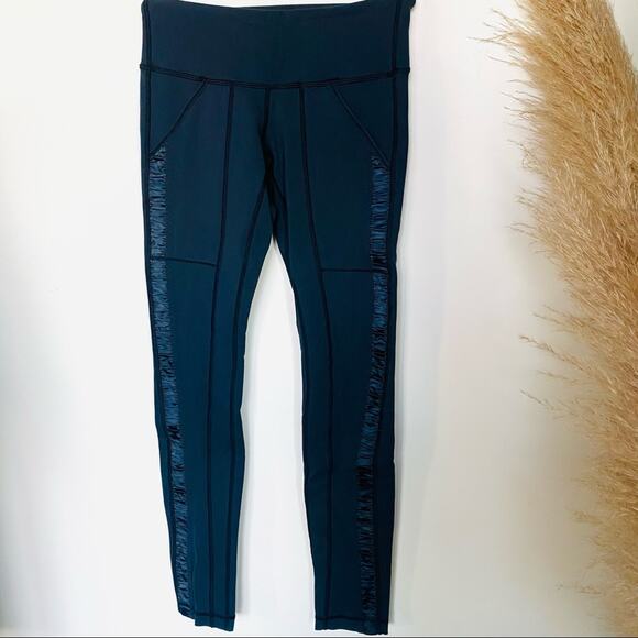 LULULEMON Navy Blue Ruched Tuxedo Satin Stripe Leggings Pockets 4 Yoga Pant - Picture 2 of 13